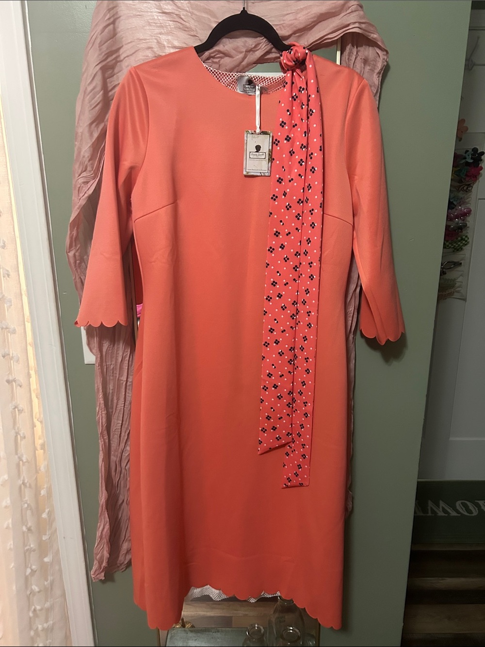 Dainty Jewells Coral Scallop-Edge Midi Dress with Printed Neck Tie - swim dress